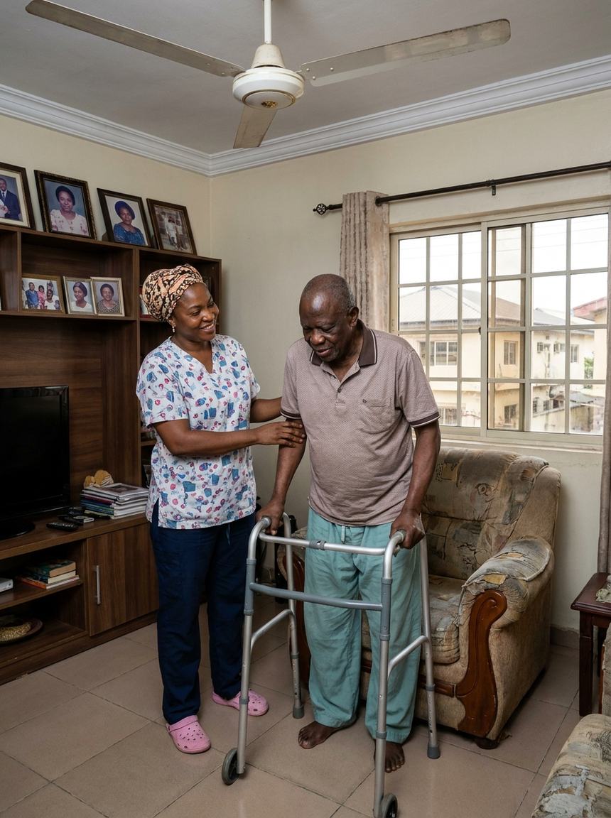 A caregiver steadying an elderly man as he walks with a walking frame in his living room